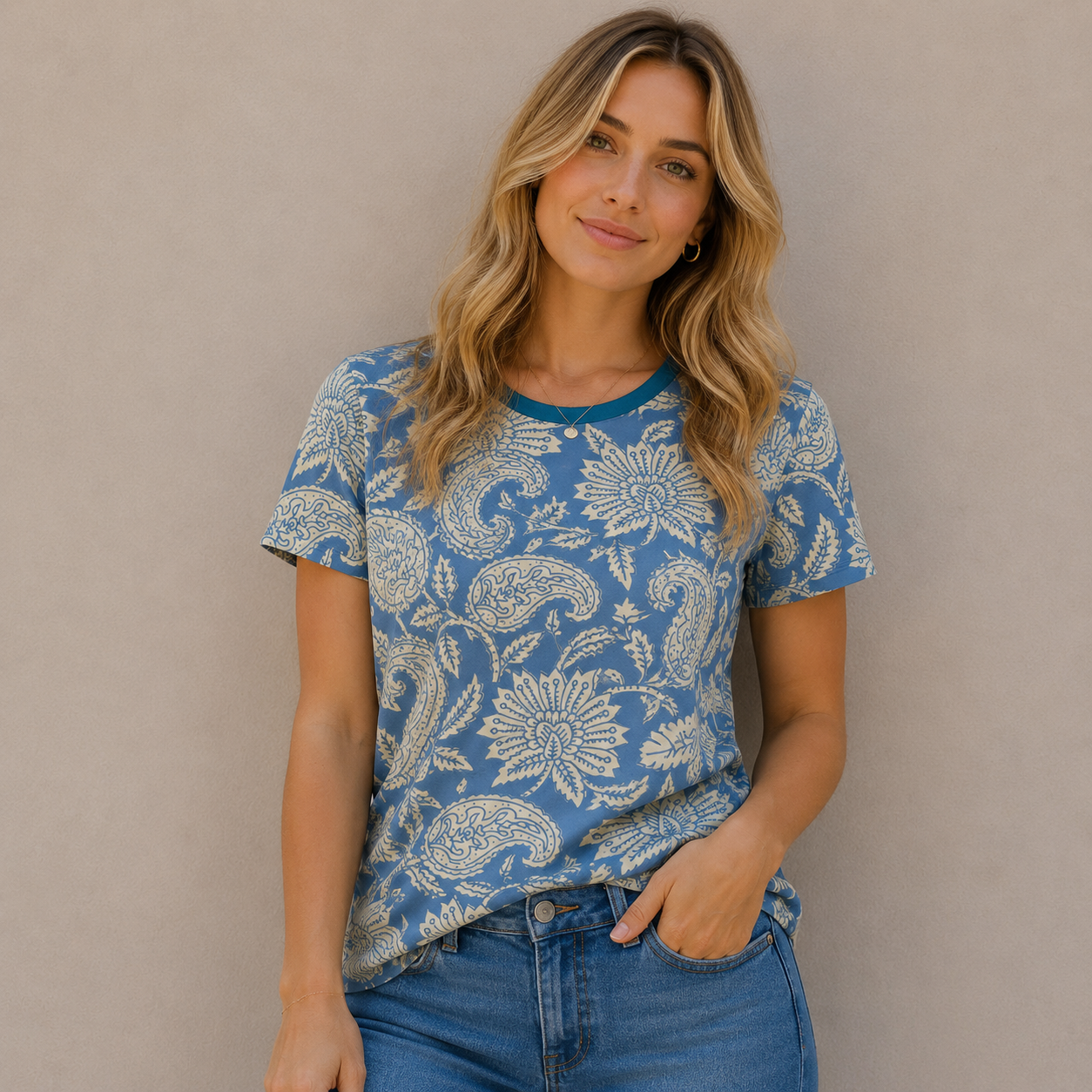 blue beige flowers All-Over Print Women's Cotton T-Shirt
