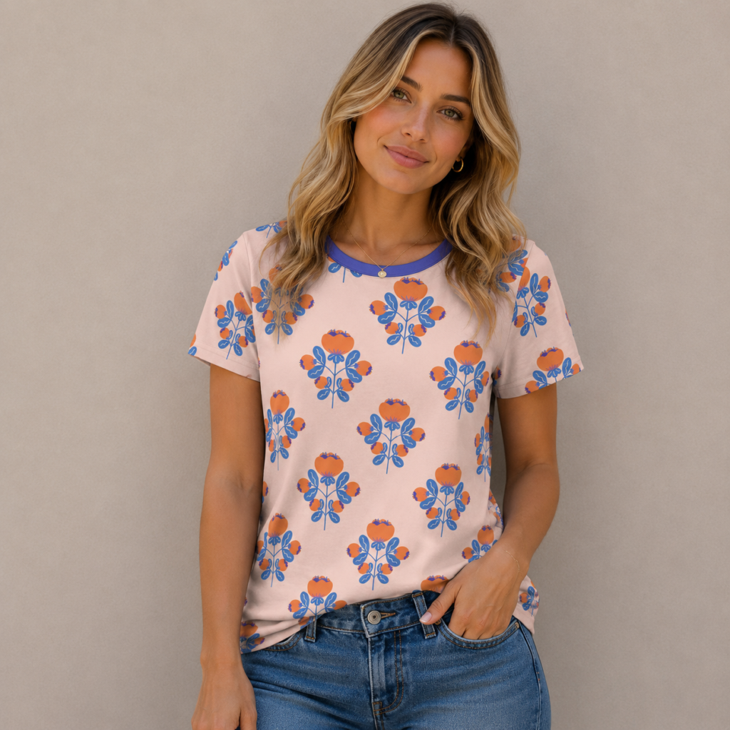 orange peach blue floral All-Over Print Women's Cotton T-Shirt