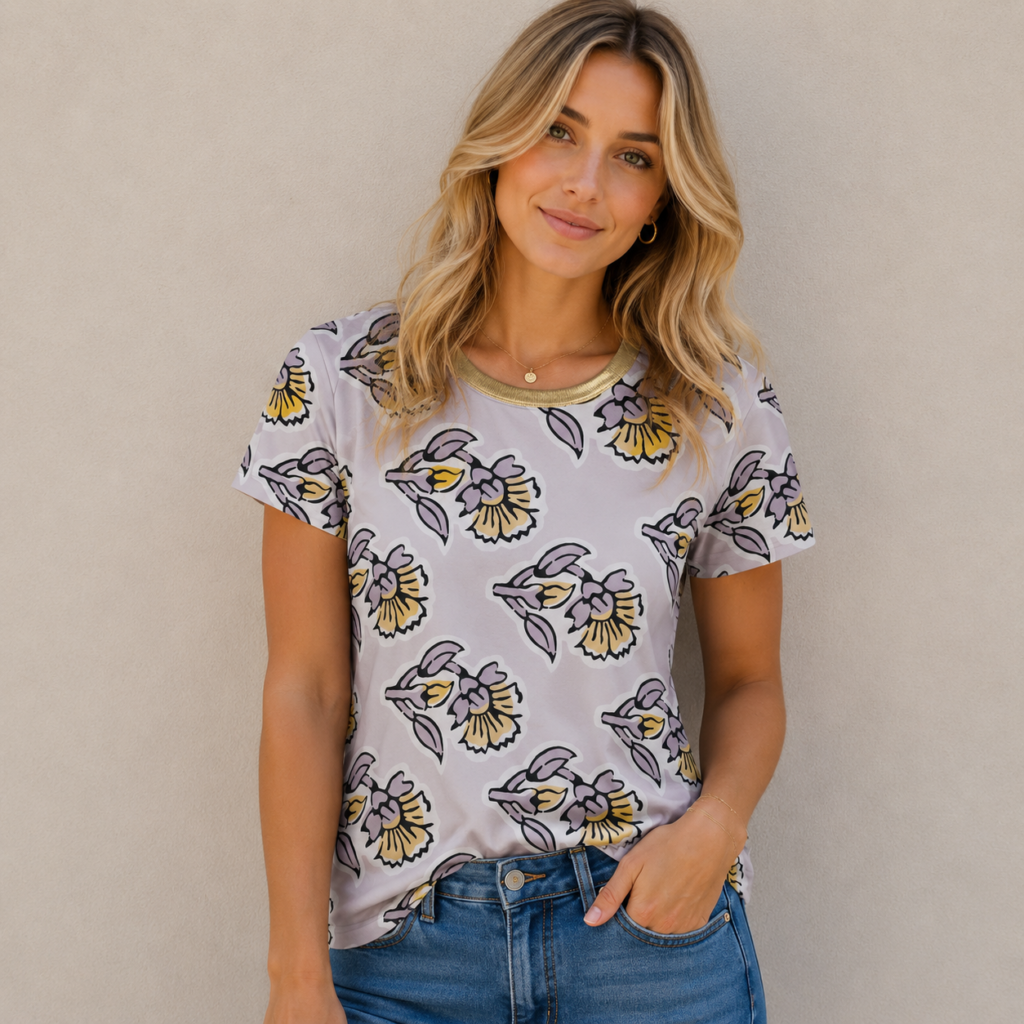 Yellow grey flowers All-Over Print Women's Cotton T-Shirt