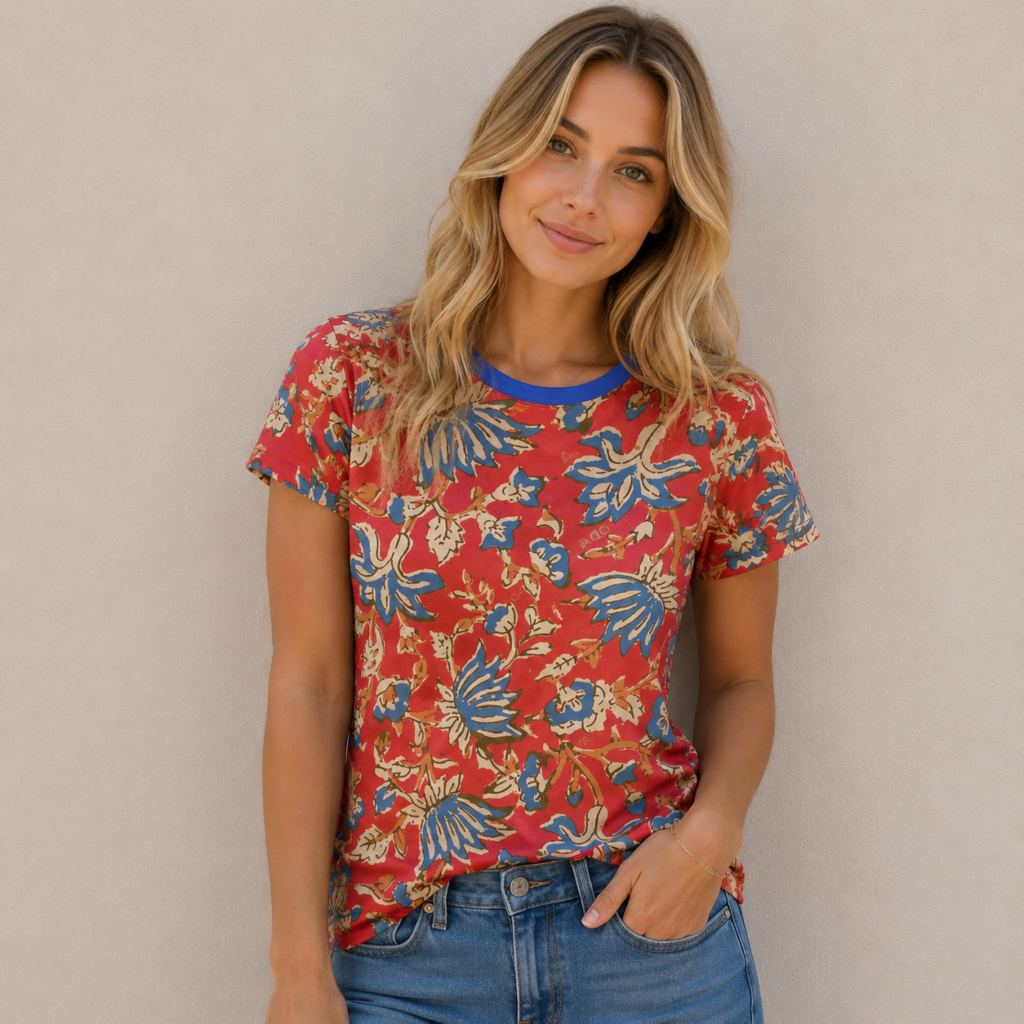 Rust blue flowers All-Over Print Women's Cotton T-Shirt