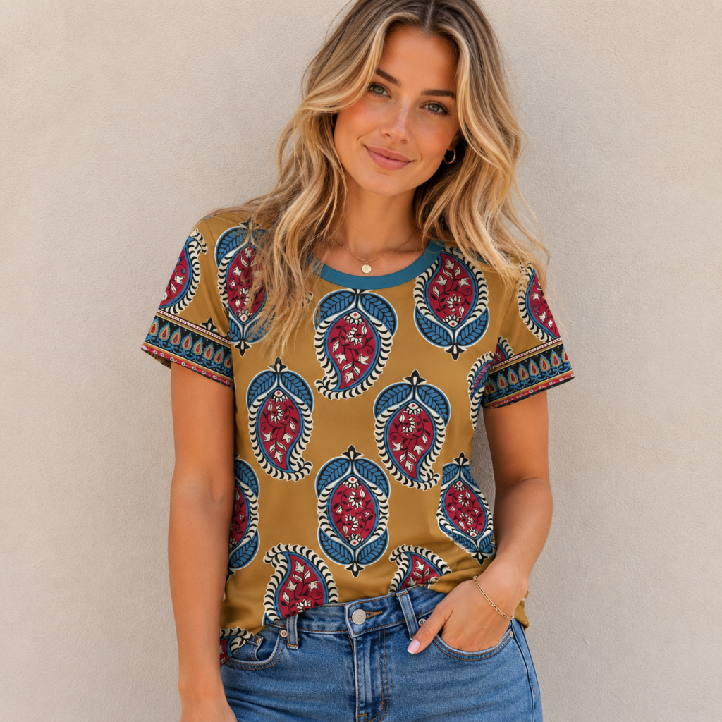 sleev border paisley rust tee All-Over Print Women's Cotton T-Shirt