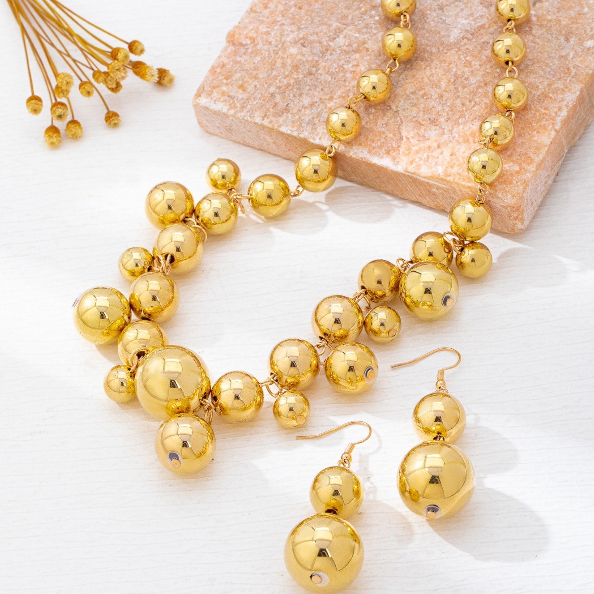 Gold Metal Ball Bead Necklace and Earring set - Image 2