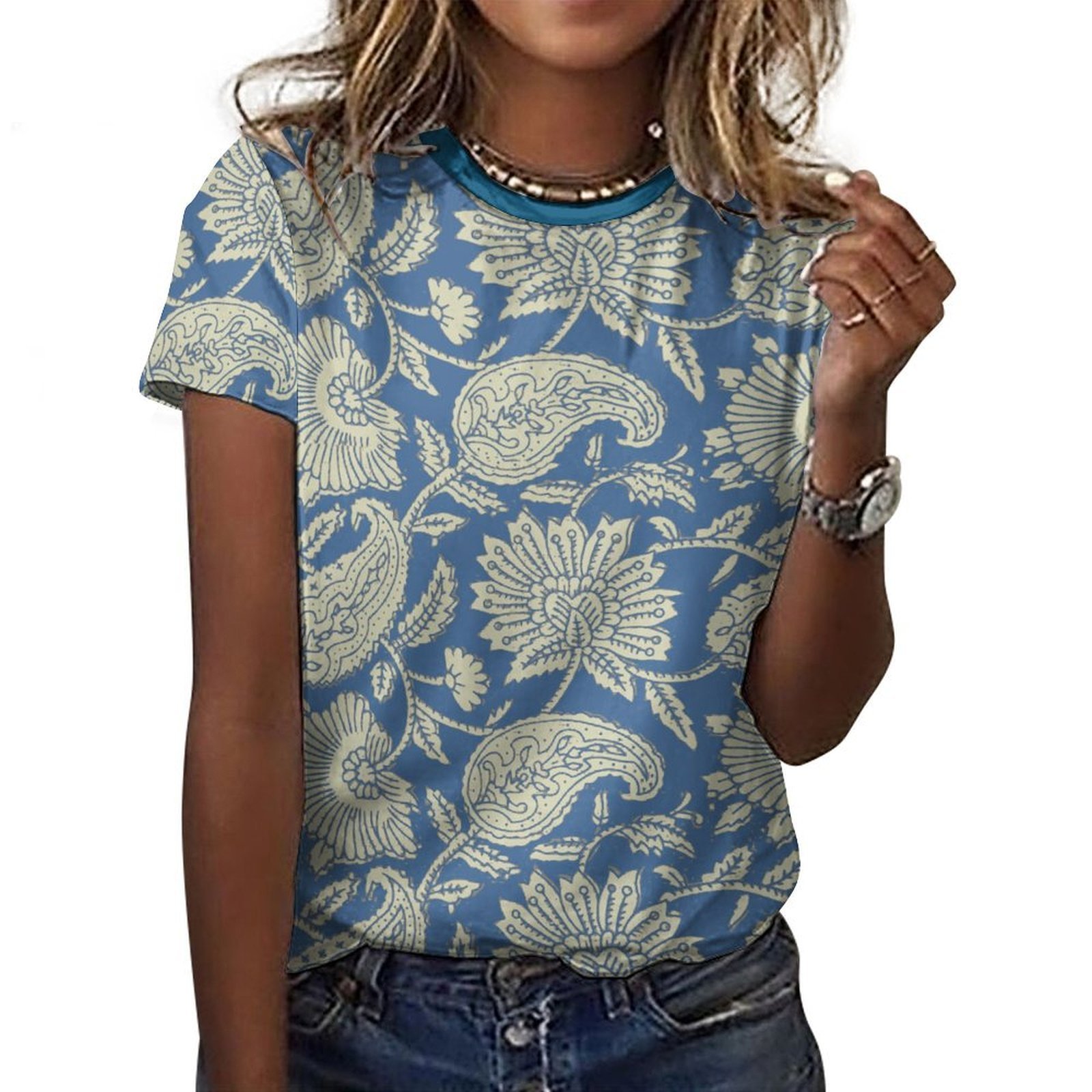 Blue Beige Floral Cotton T-Shirt