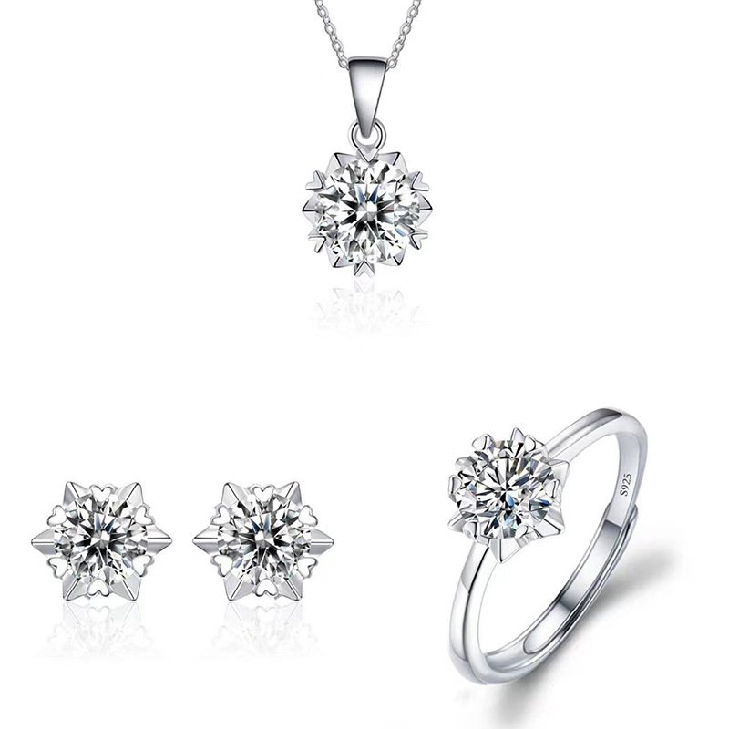 Geometric snowflake Moissanite Silver Plated necklace rings Earring Jewelry Set - Image 5