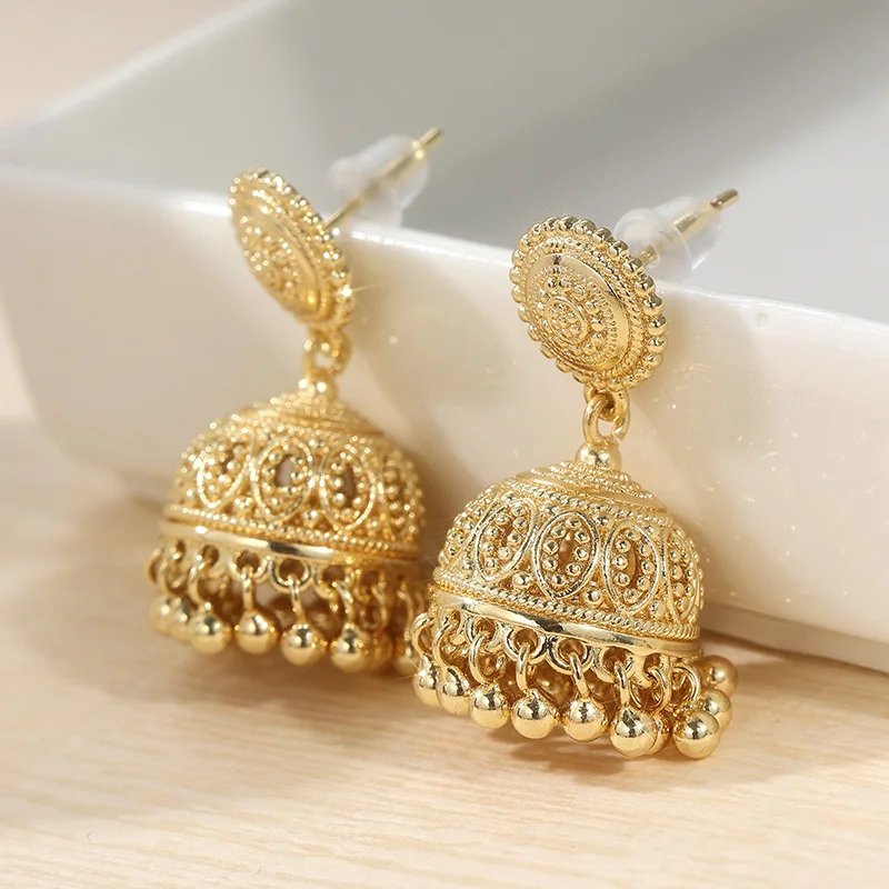 Vintage Brass Golden-plated Earrings Handmade Earrings Bohemian Style Earrings Bell Earrings Bead Earrings Pendant Earrings