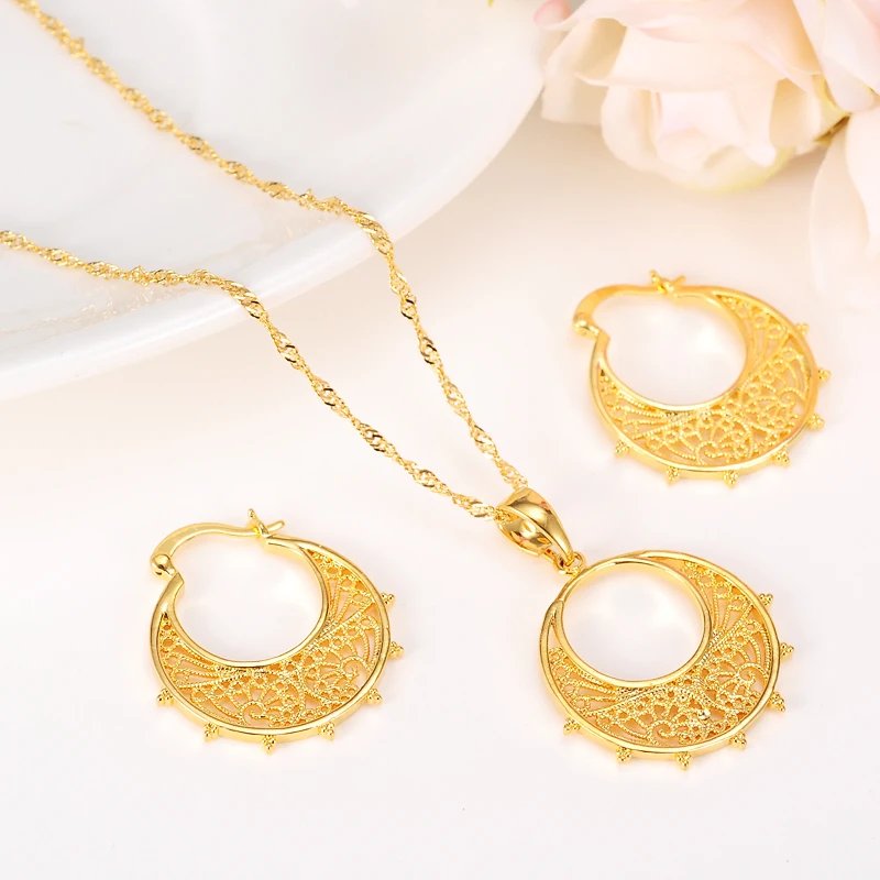 Fashion Gold Color Jewelry for Women Necklace Earrings Set Party Accessories Dubai India Africa Gift