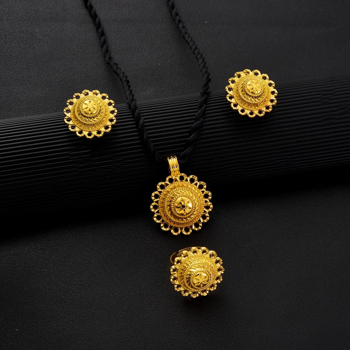 Ethiopia Gold Color Jewelry Set Necklace Pendant Earrings Ring Middle East Africa Bridal Wedding Party Accessory Festival Gifts