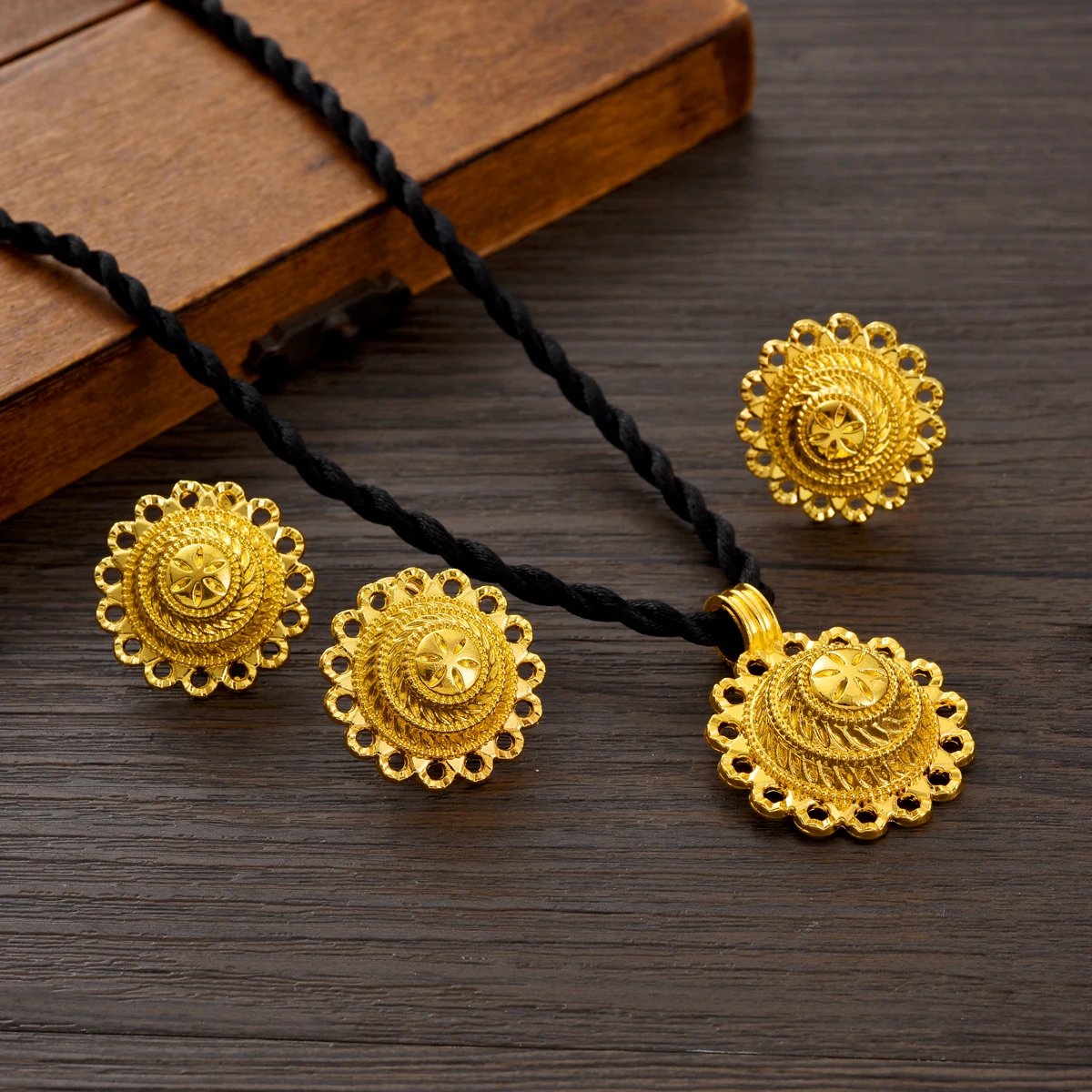 Ethiopia Gold Color Jewelry Set Necklace Pendant Earrings Ring Middle East Africa Bridal Wedding Party Accessory Festival Gifts