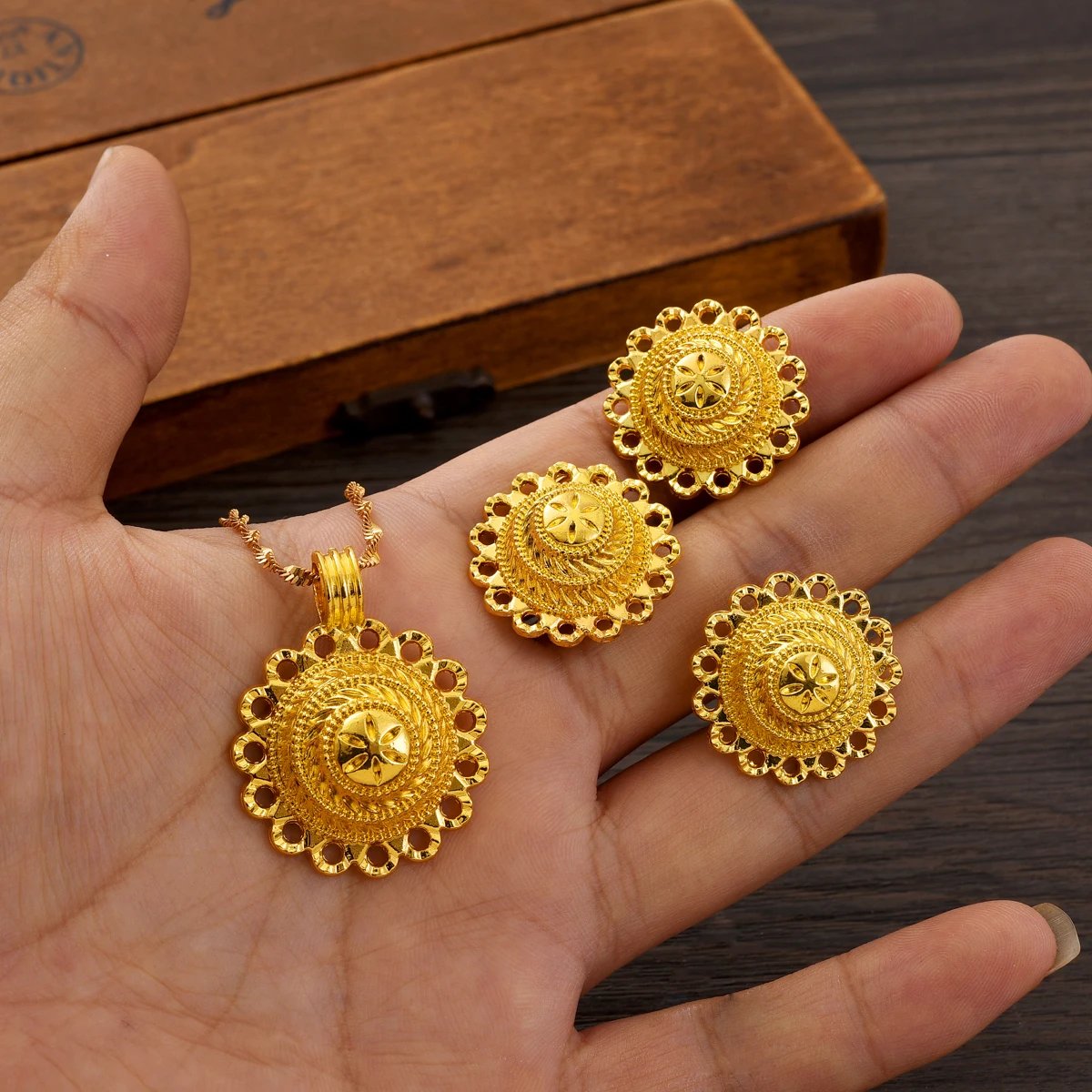Ethiopia Gold Color Jewelry Set Necklace Pendant Earrings Ring Middle East Africa Bridal Wedding Party Accessory Festival Gifts