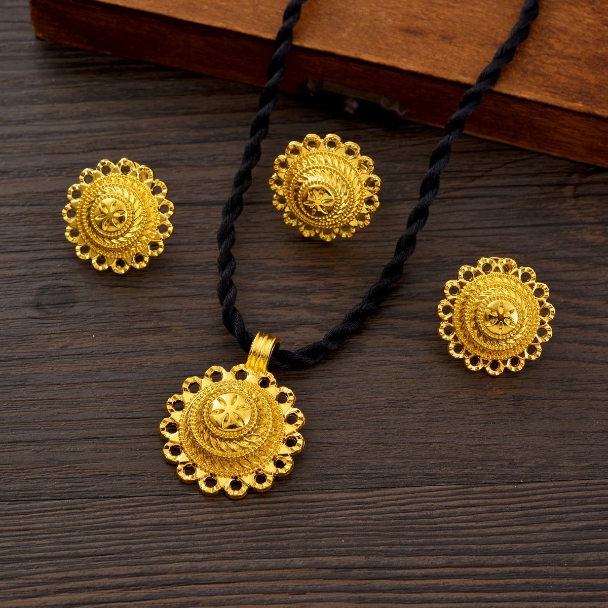 Ethiopia Gold Color Jewelry Set Necklace Pendant Earrings Ring Middle East Africa Bridal Wedding Party Accessory Festival Gifts