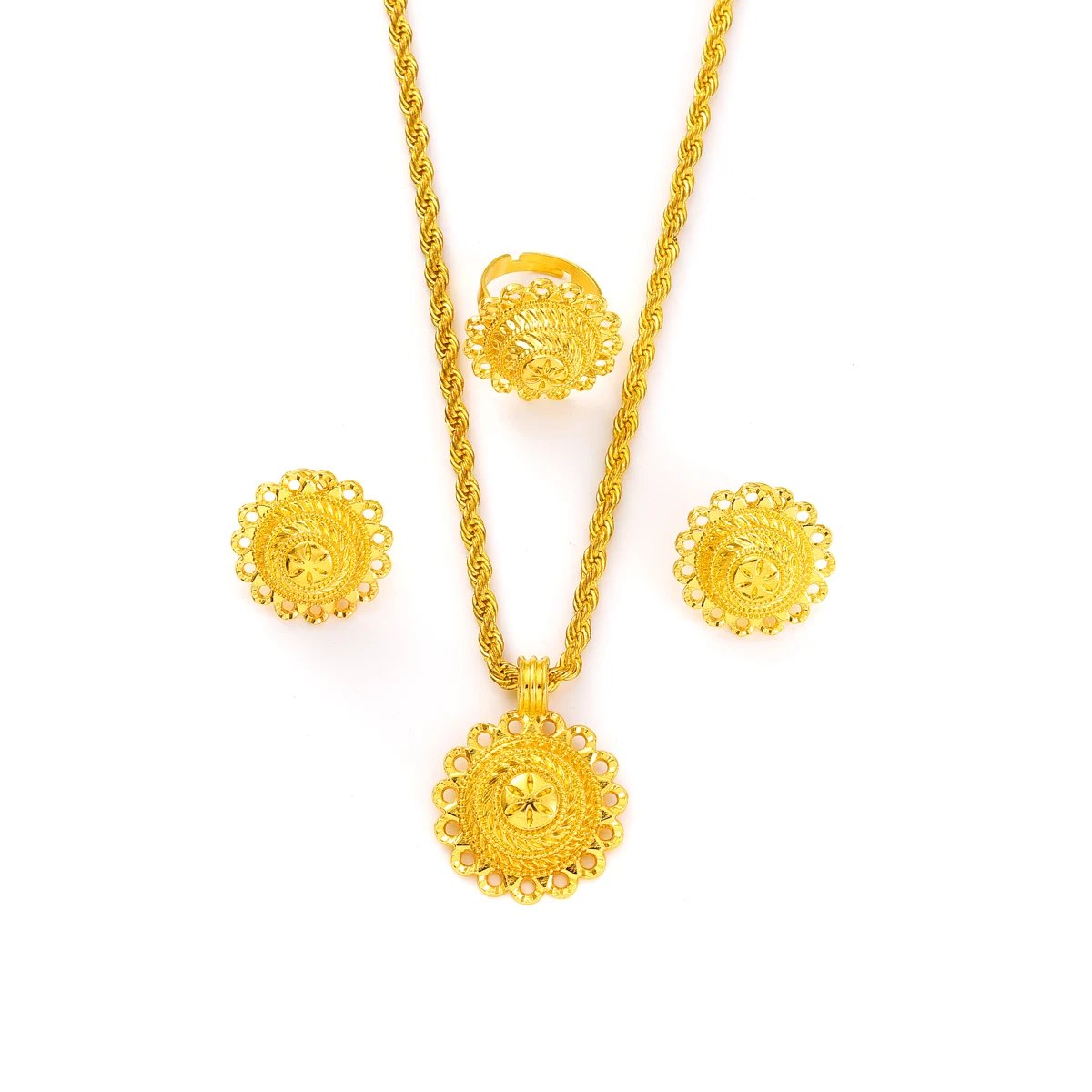 Ethiopia Gold Color Jewelry Set Necklace Pendant Earrings Ring Middle East Africa Bridal Wedding Party Accessory Festival Gifts