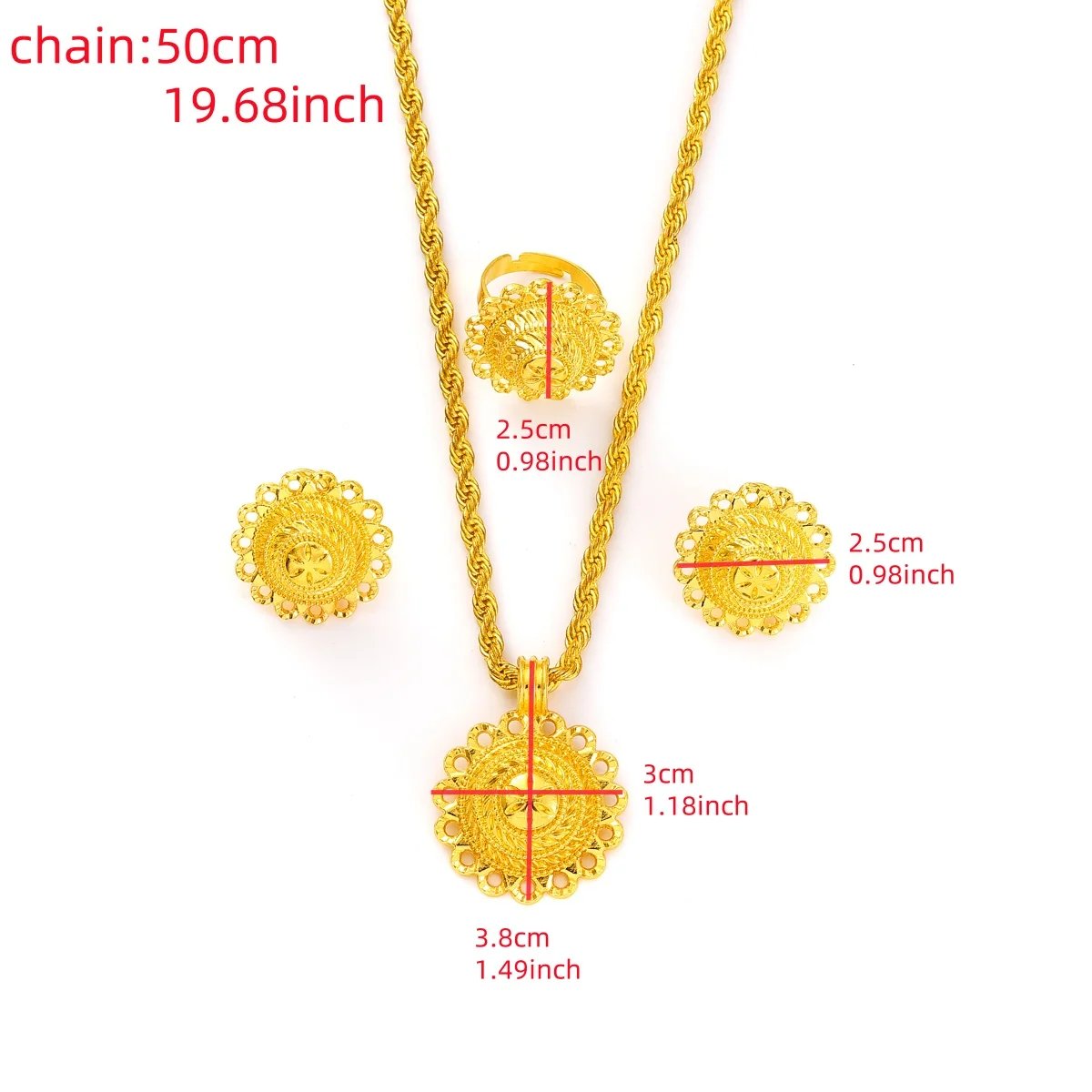 Ethiopia Gold Color Jewelry Set Necklace Pendant Earrings Ring Middle East Africa Bridal Wedding Party Accessory Festival Gifts
