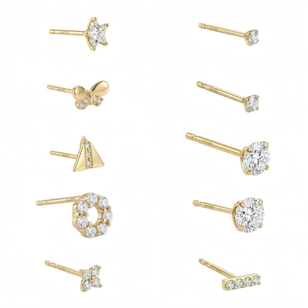 Real 9K 14K Solid Gold Stud Earrings Minimalist Geometric Butterfly Zircon Piercing Earring Women Fine Jewelry