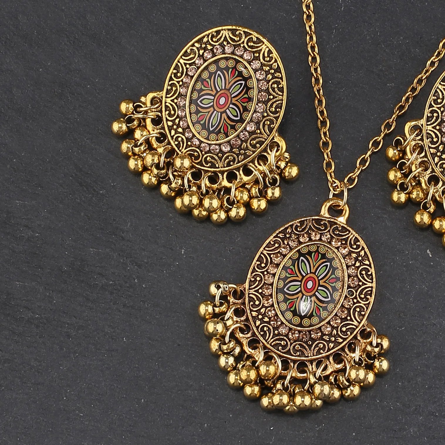 Indian Jewelry Gold Color Earring/Necklace Set Bijoux Women's Flower CZ Wedding Jewelry Hangers Bohemia Jhumka Earrings Indian Jewelry Gold Color Earring/Necklace Set Bijoux Women's Flower CZ Wedding Jewelry Hangers Bohemia Jhumka Earrings