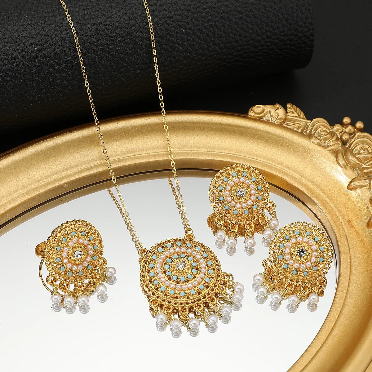 4 Piece Set Fashion Elegant Gold Pearl Tassel Bohemian Necklace Earrings Ring for Women's Jewelry Set bridal wedding jewelry