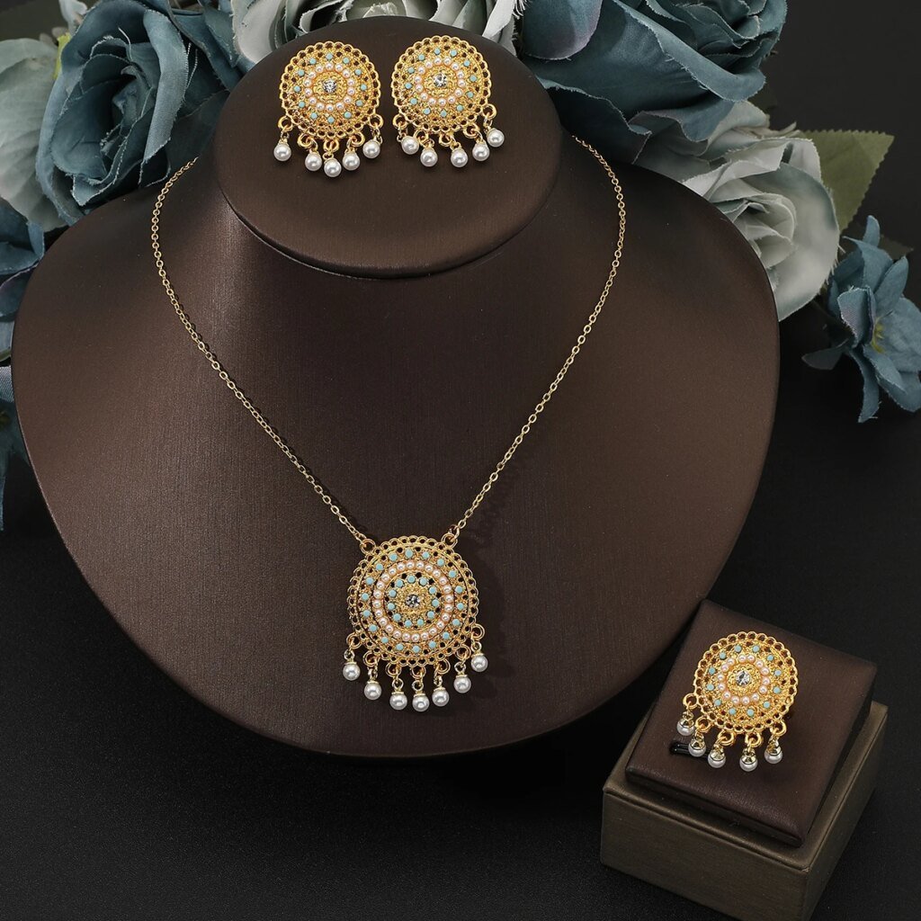 18k gold plated Fashion Elegant Gold Pearl Tassel Bohemian Necklace Earrings Ring for Women's Jewelry Set bridal wedding jewelry