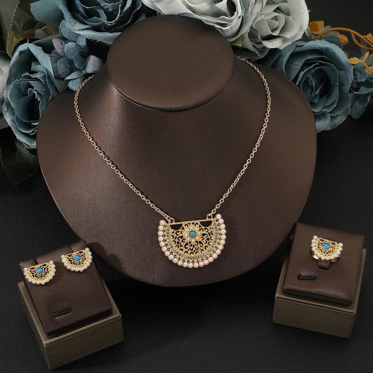 4 Piece Set Fashion Elegant Gold Pearl Tassel Bohemian Necklace Earrings Ring for Women's Jewelry Set bridal wedding jewelry