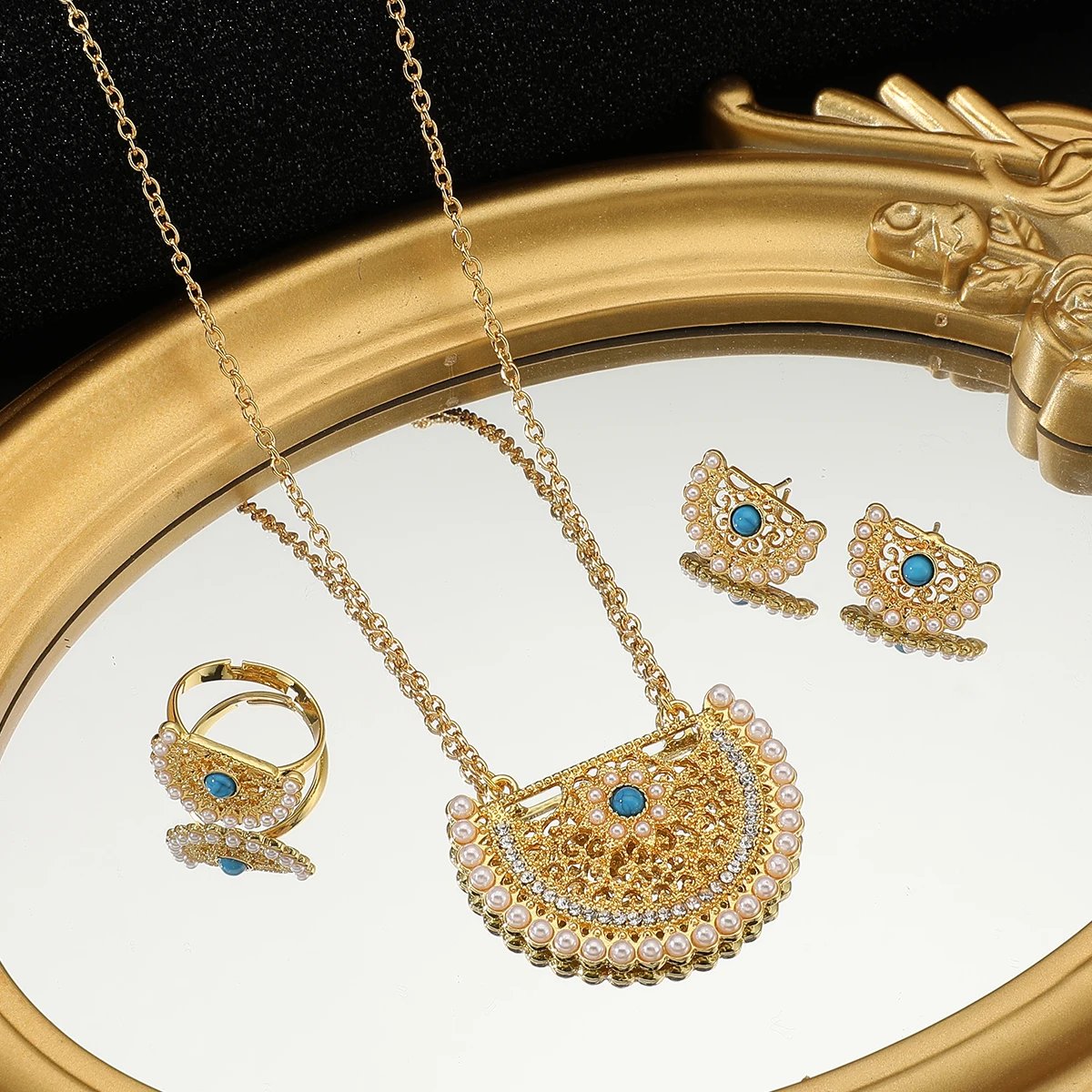 4 Piece Set Fashion Elegant Gold Pearl Tassel Bohemian Necklace Earrings Ring for Women's Jewelry Set bridal wedding jewelry