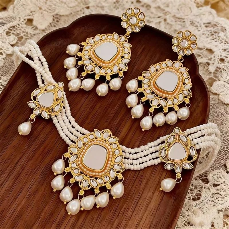 Vintage Waterdrop Pendant Multi-layer Pearl Necklace Bridal Choker Chain Earrings Set