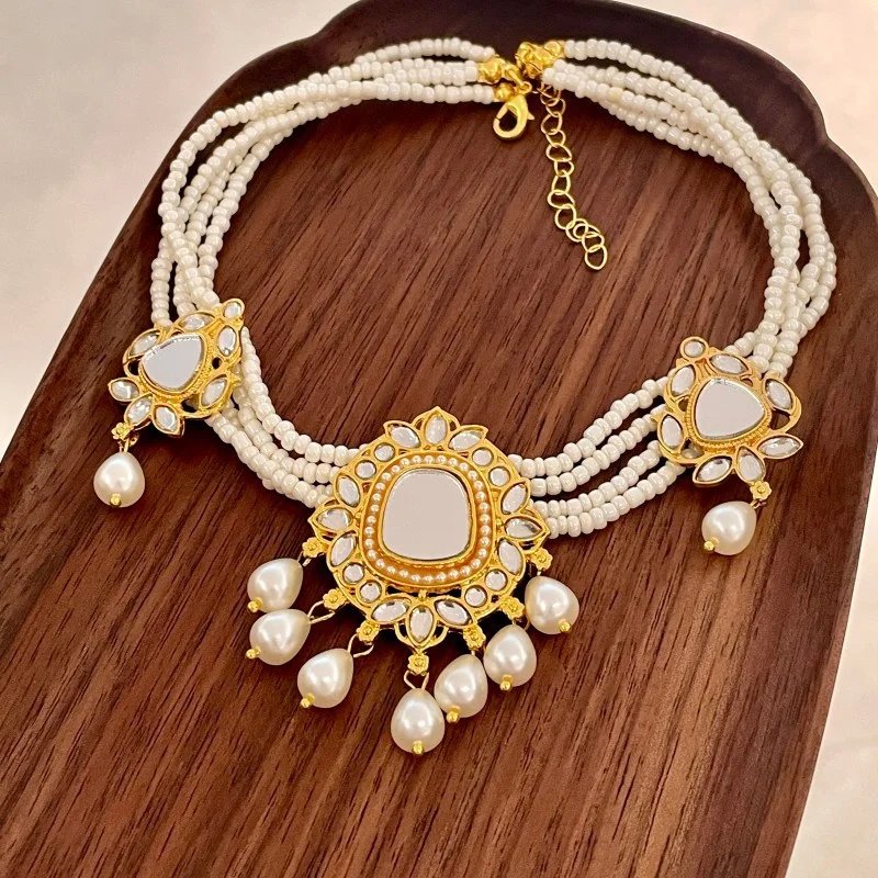 Vintage Waterdrop Pendant Multi-layer Pearl Necklace Bridal Choker Chain Earrings Set