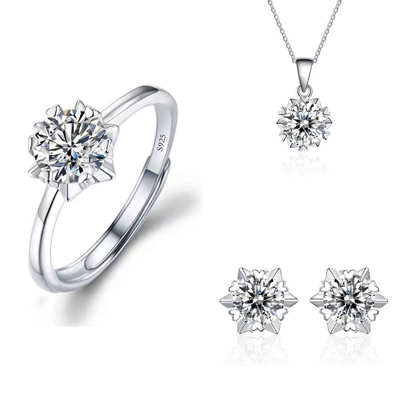 Geometric snowflake Moissanite Silver Plated necklace rings Earring Jewelry Set
