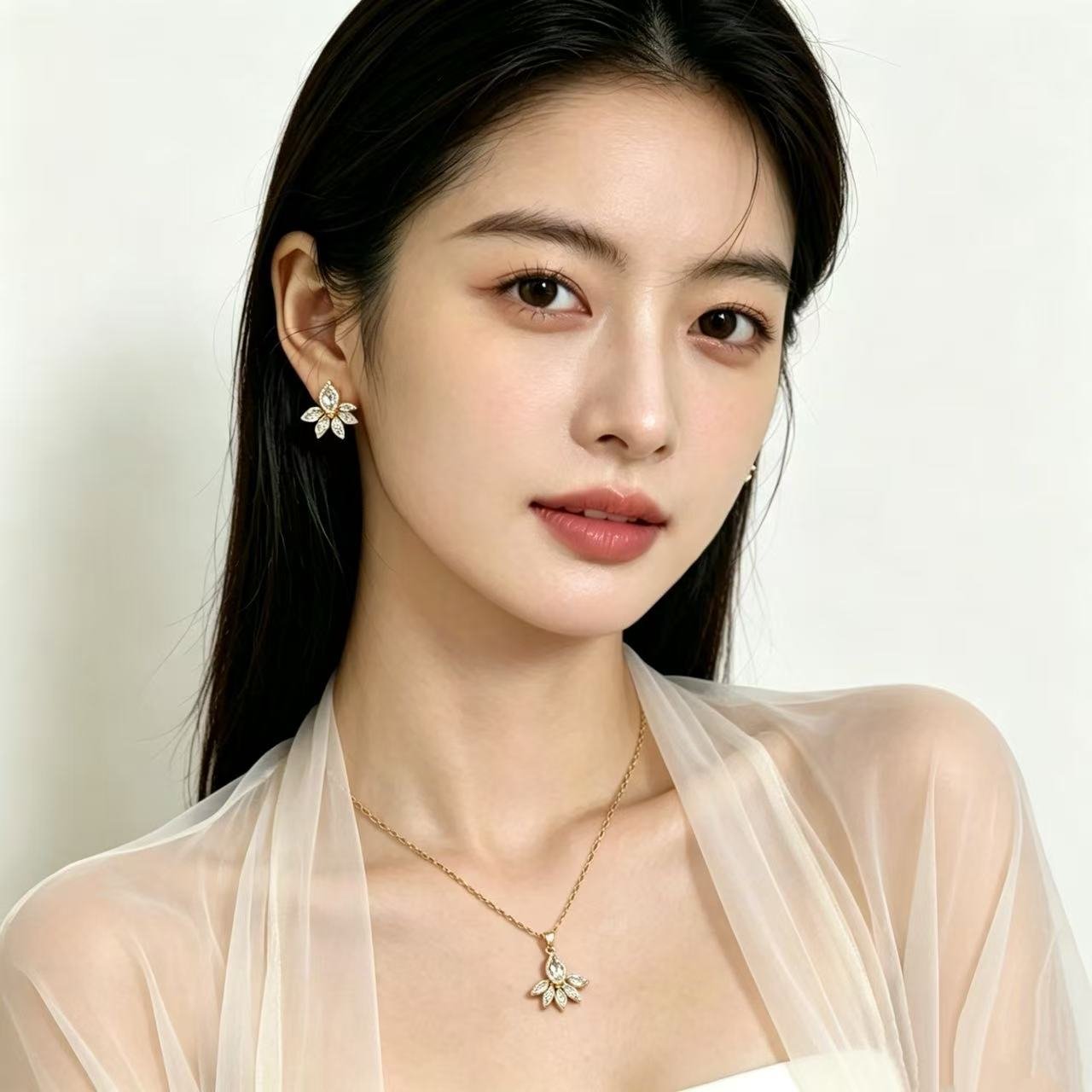 Flower Zircon Necklace Earrings Set - Image 2