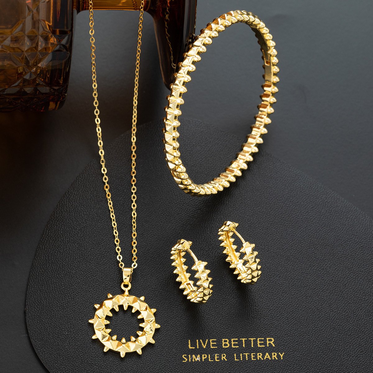 Geometric Golden alloy necklace earrings bracelet Jewelry Set - Image 5