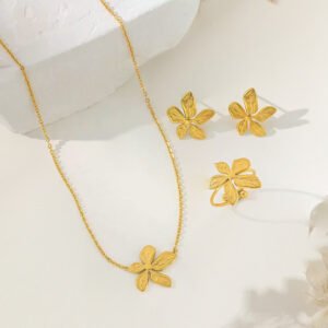 Floral Embossed Gold Plated Necklace Ring and  Earring Set