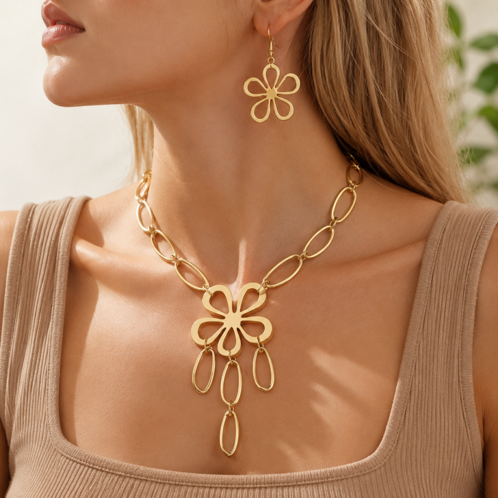 Geometric Flower Necklace and Earrings