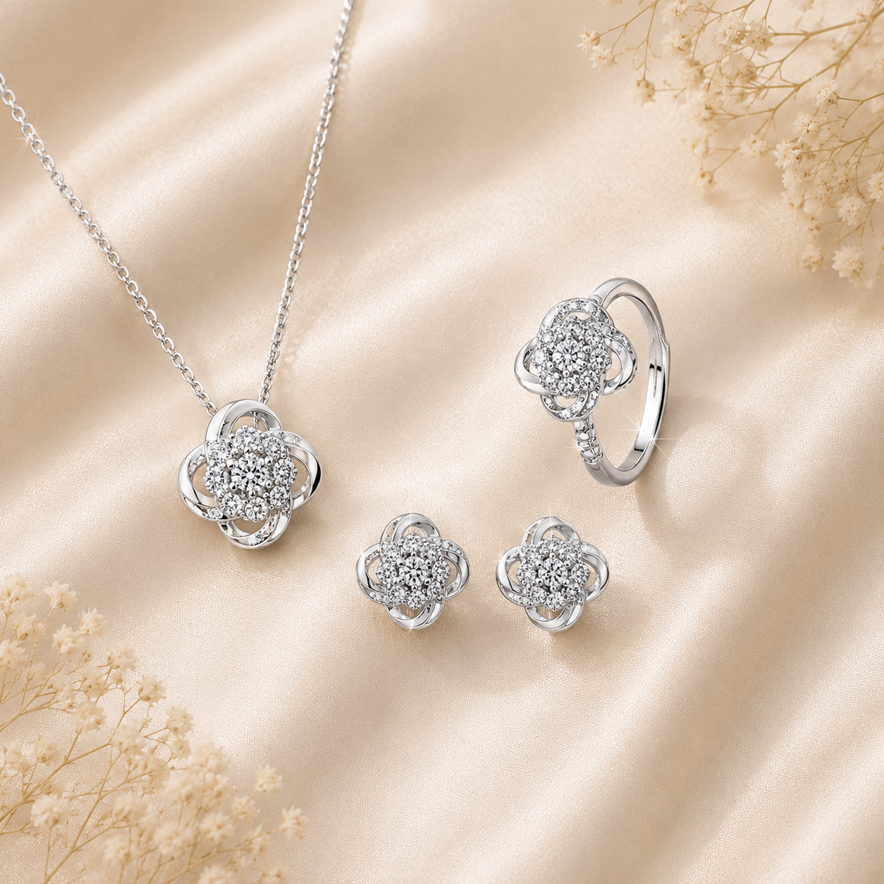 Four-Leaf Clover lab diamond Zircon Necklace , Earrings ,ring Jewelry Set