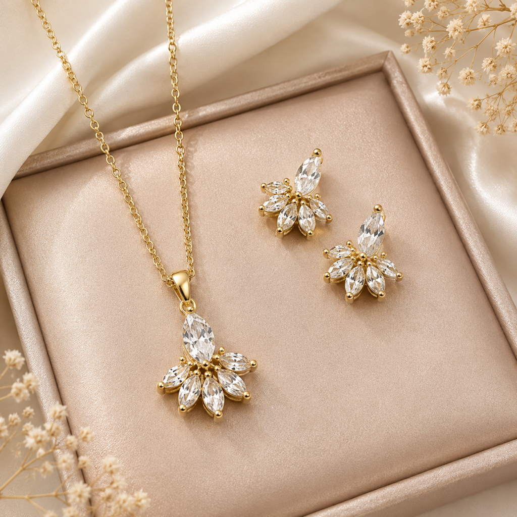 Flower Zircon Necklace Earrings Set