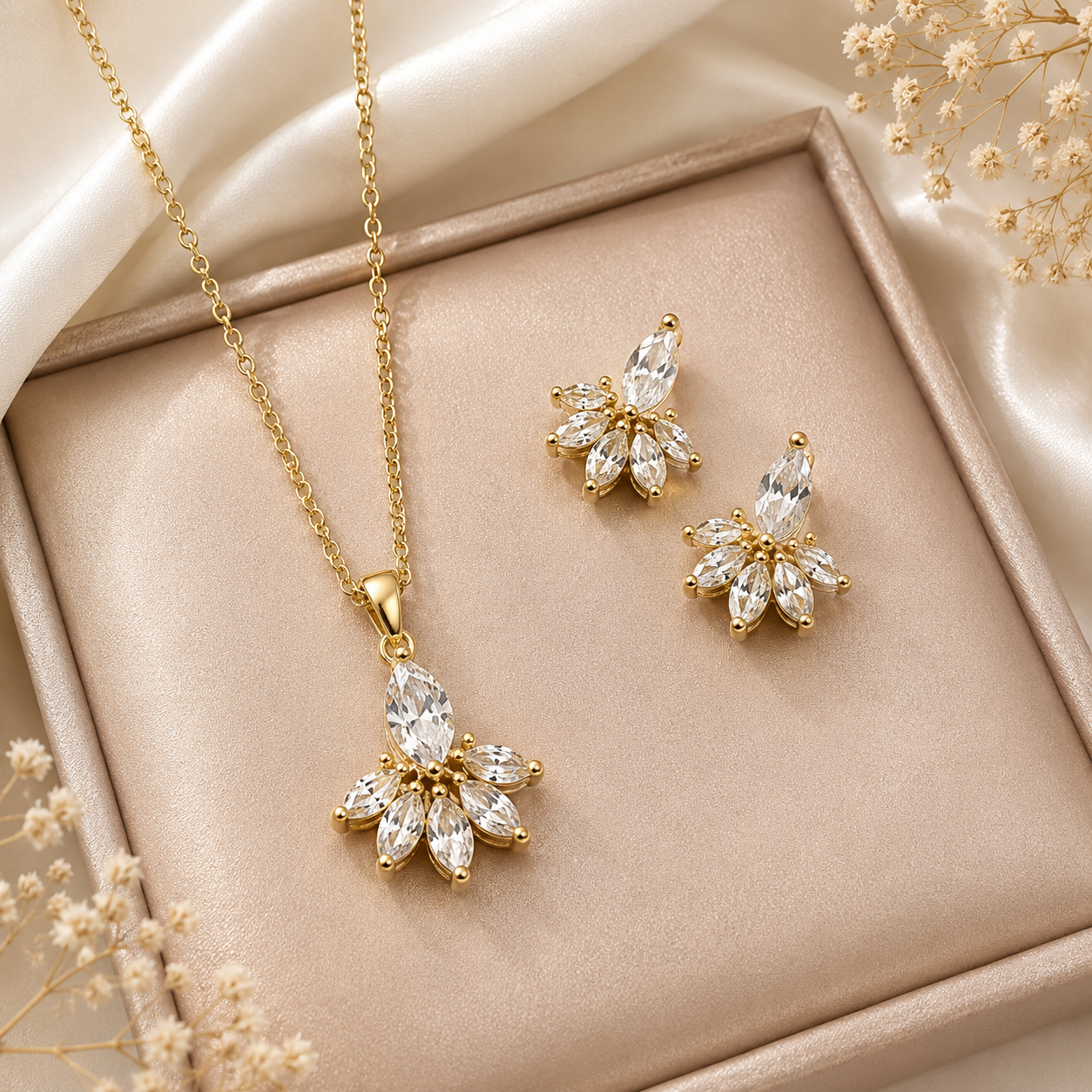 Flower Zircon Necklace Earrings Set