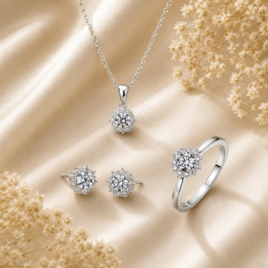 Geometric snowflake lab diamond Moissanite Silver Plated necklace rings Earring Jewelry Set