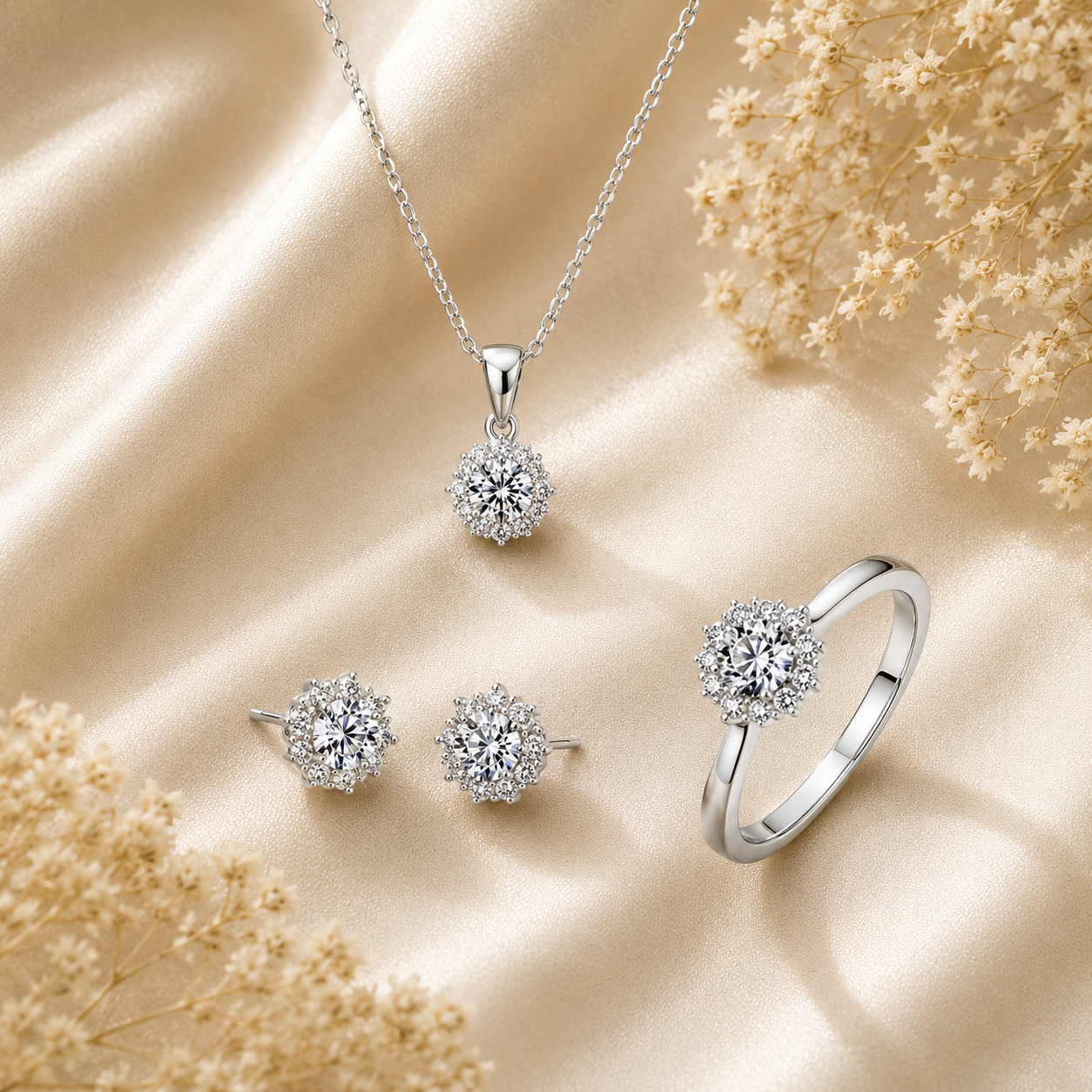 Geometric snowflake lab diamond Moissanite Silver Plated necklace rings Earring Jewelry Set