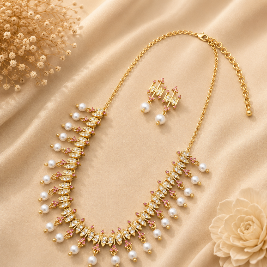 Ethnic Pearl Tassel Earrings Necklace Set