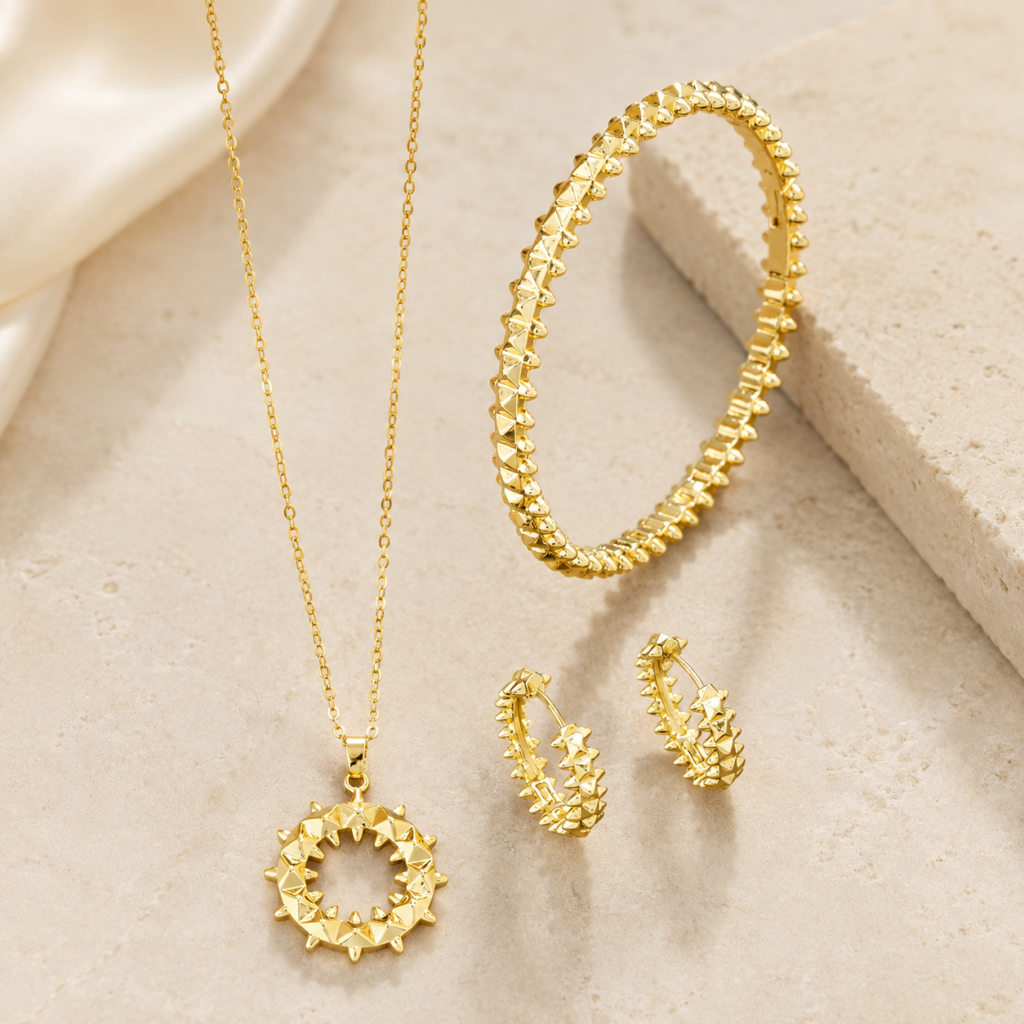 Geometric Golden alloy necklace earrings bracelet Jewelry Set