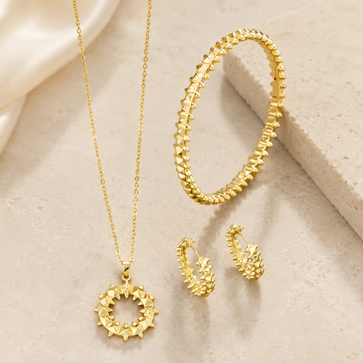 Geometric Golden alloy necklace earrings bracelet Jewelry Set
