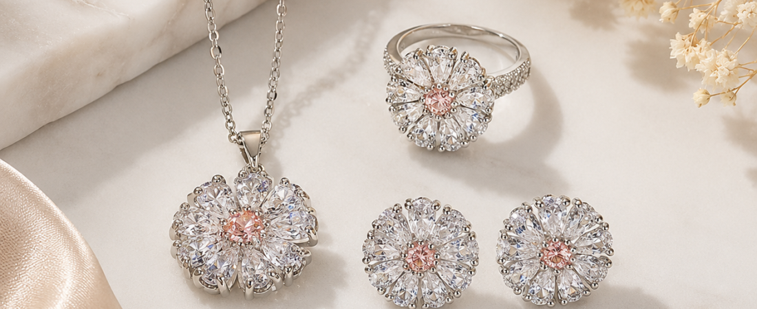 Flower Blossom Love Zircon suit Jewelry Necklace Ring Earrings Jewelry Set Review
