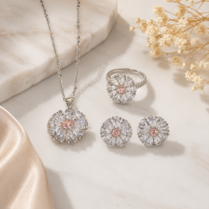 Flower Blossom Love Zircon suit Jewelry Necklace Ring Earrings Jewelry Set