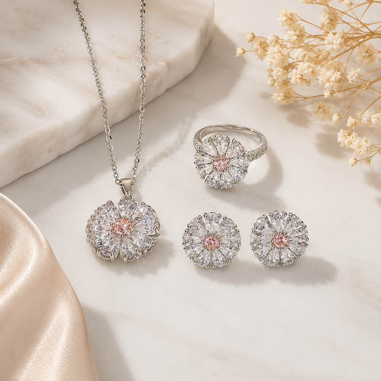 Flower Blossom Love Zircon suit Jewelry Necklace Ring Earrings Jewelry Set