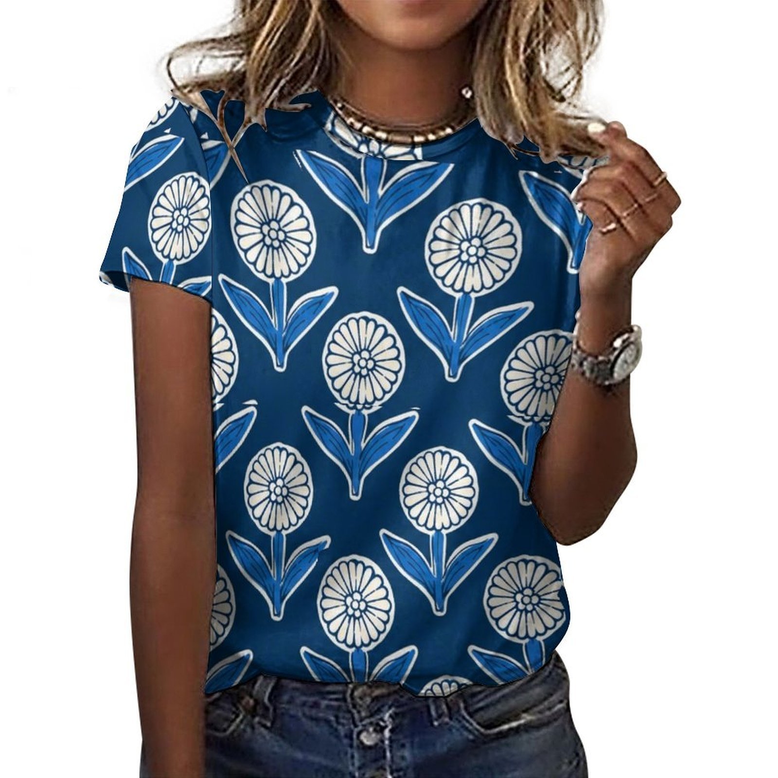 blue flowers and blue leaves All-Over Print Women's Cotton T-Shirt