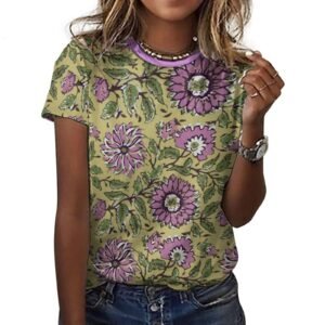 purple floral green background All-Over Print Women's Cotton T-Shirt