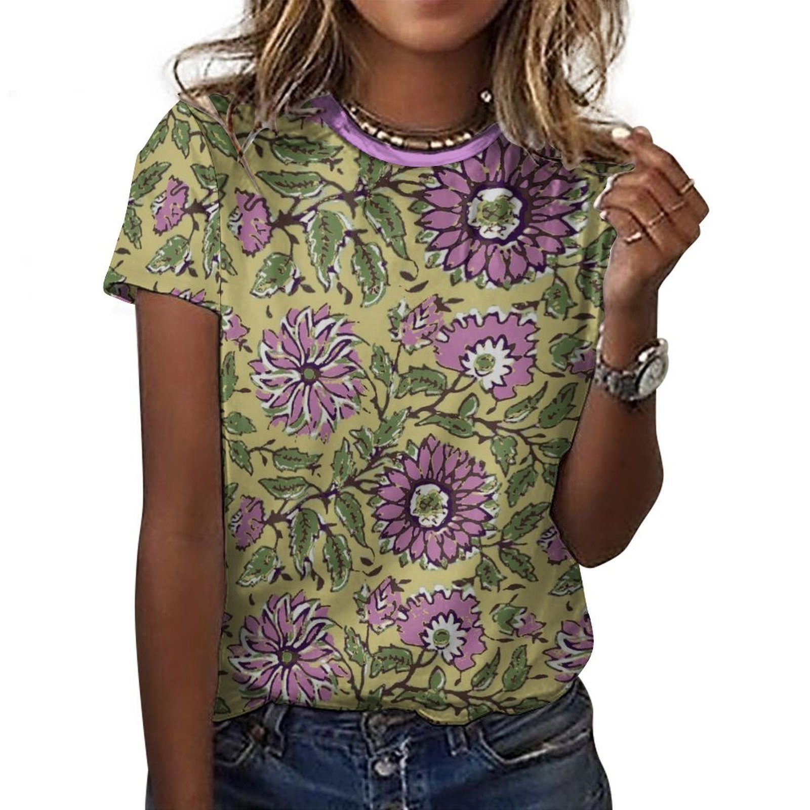 purple floral green background All-Over Print Women's Cotton T-Shirt