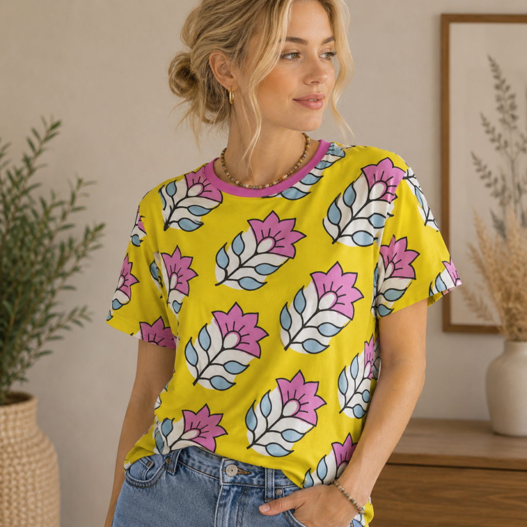 purple flowers blue leaves All-Over Print Women's Cotton T-Shirt