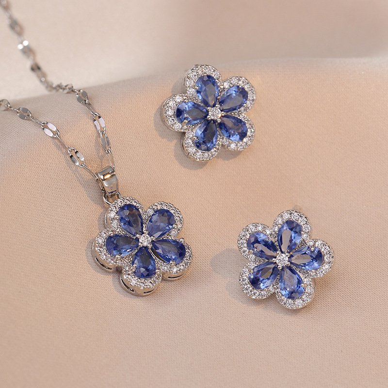 Floral Zircon Petal Necklace and earrings jewelry set