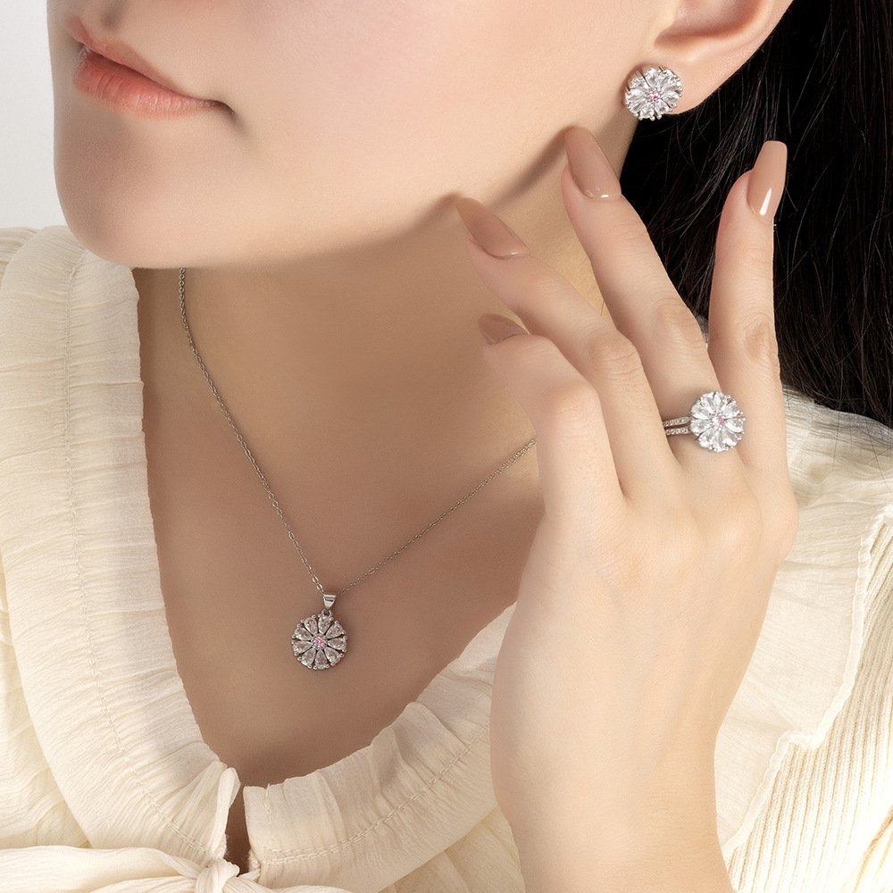 Zircon Sunflower necklace, earrings, and ring jewelry set - Image 3
