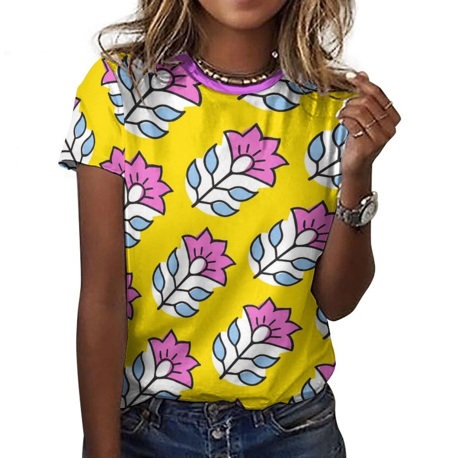 purple flowers blue leaves All-Over Print Women's Cotton T-Shirt