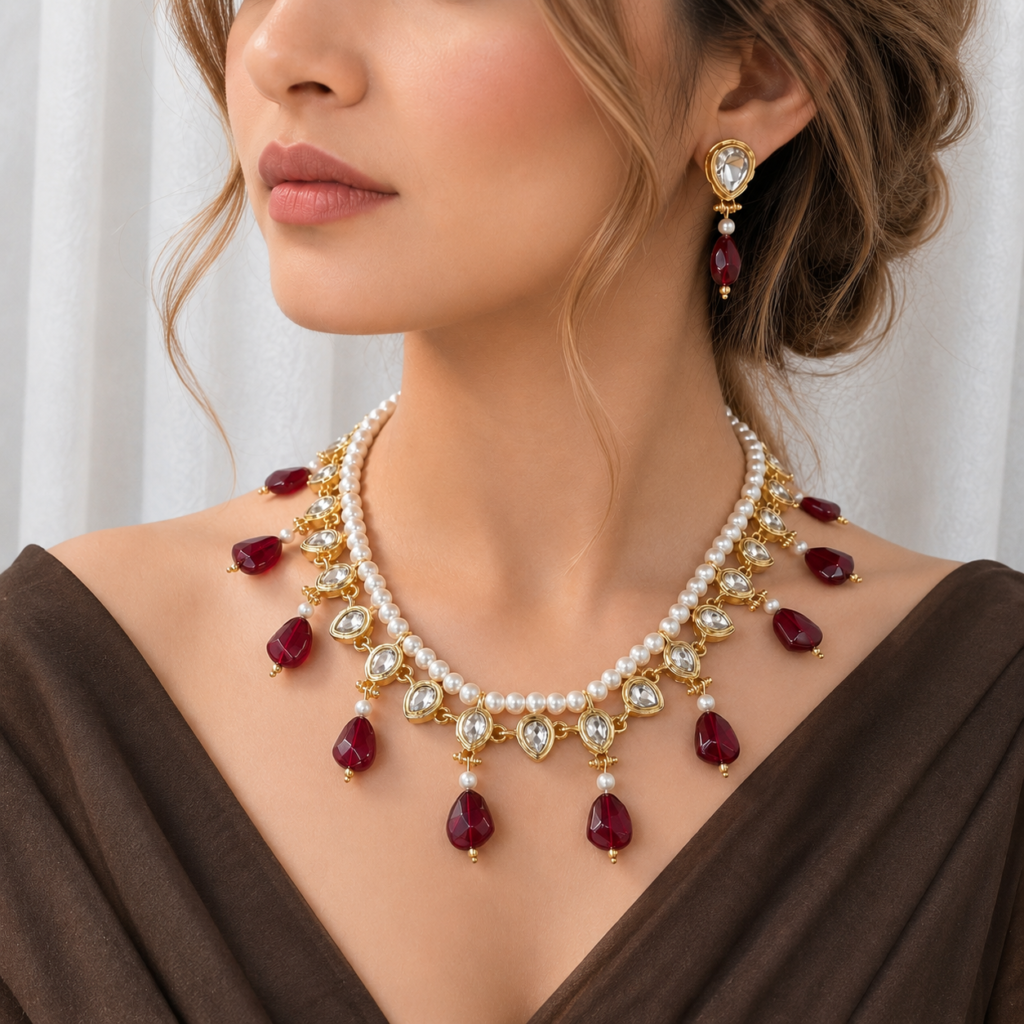 Ethnic Pearl Tassel Necklace Earrings Set
