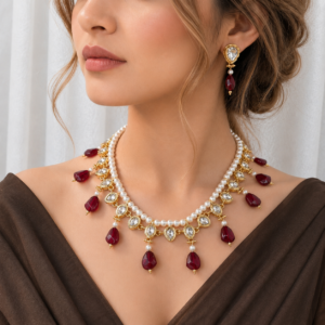 Ethnic Pearl Tassel Necklace Earrings Set