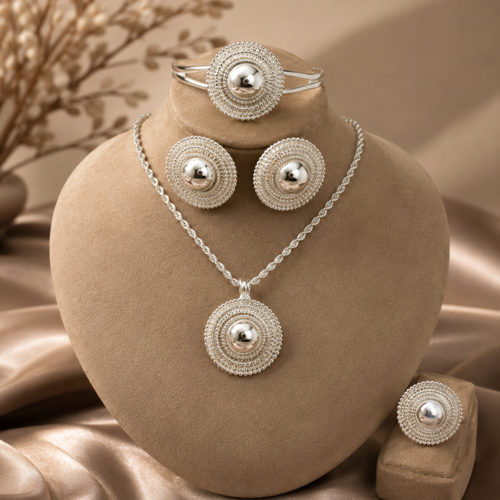 Ethnic Silver Color Round Geometry Jewelry Set Pendant Necklace Ring Earrings Bride Wedding Party Gifts